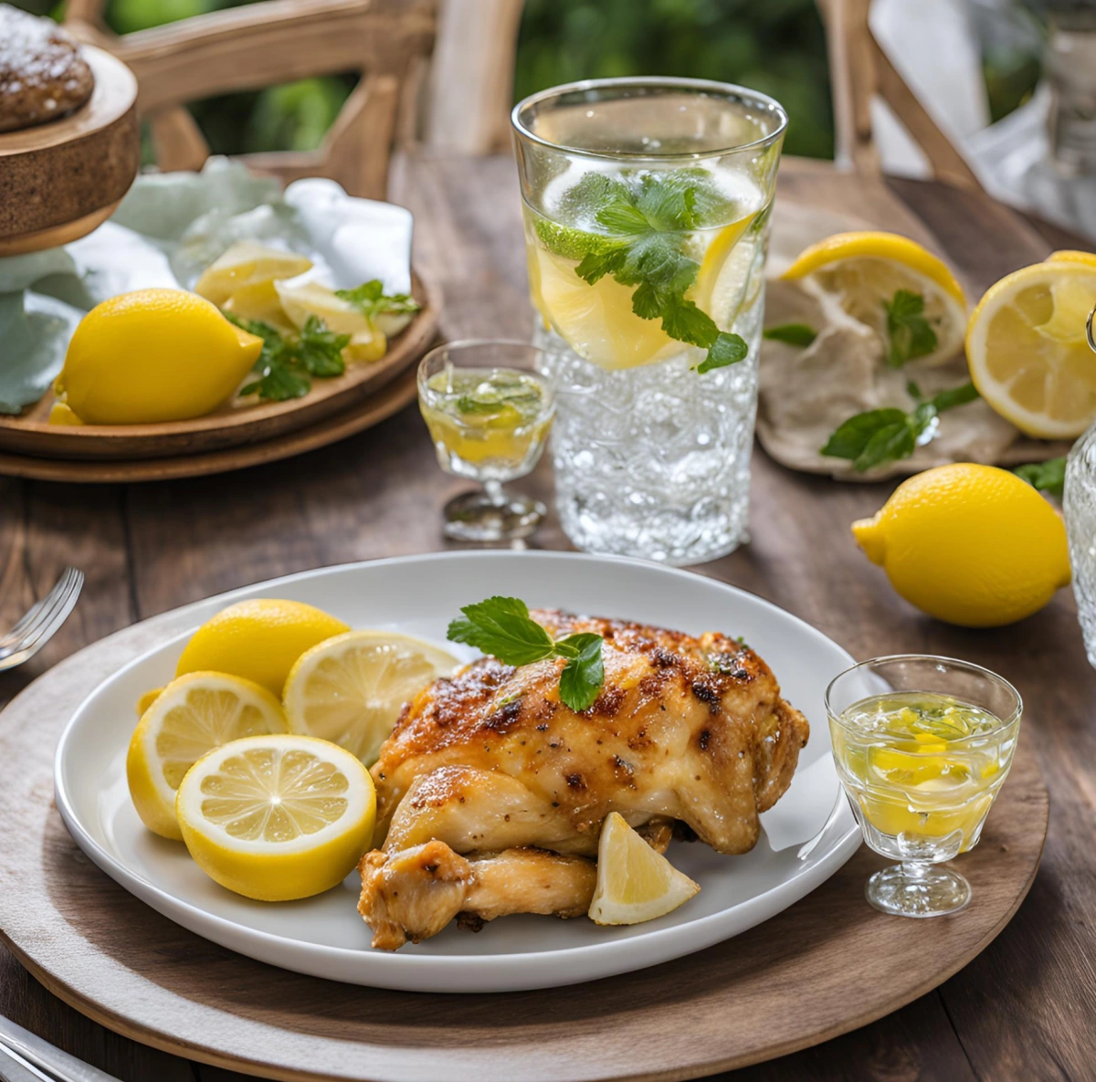 table repas poulet citron tranches moitie verre boisson menthe feuilles