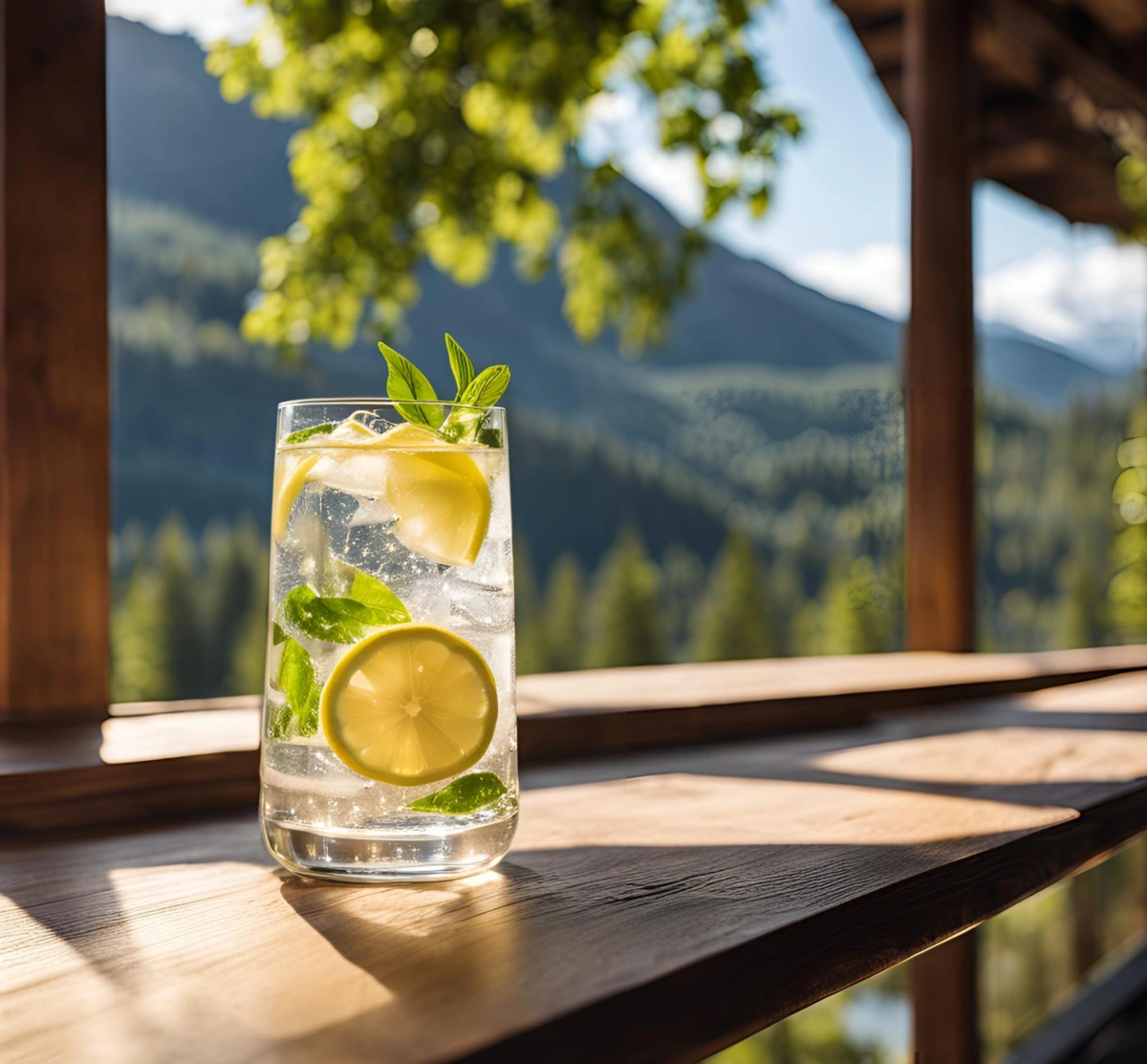 terrasse bois vue montagnes nature soleil rayons boisson eau citronnee