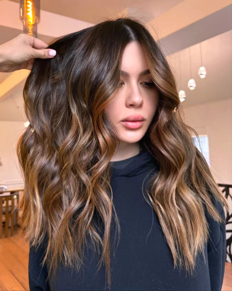 balayage chocolat sur cheveux noirs femme chevelure longue