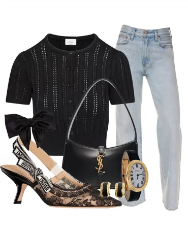 blouse manche courte noire boutons accessoire jeans chaussures talons