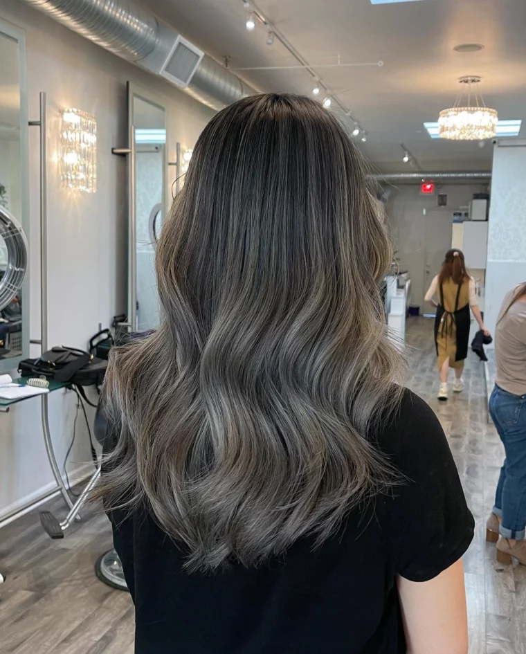 cheveux longs balayage cendre gris meches subtiles racines noires