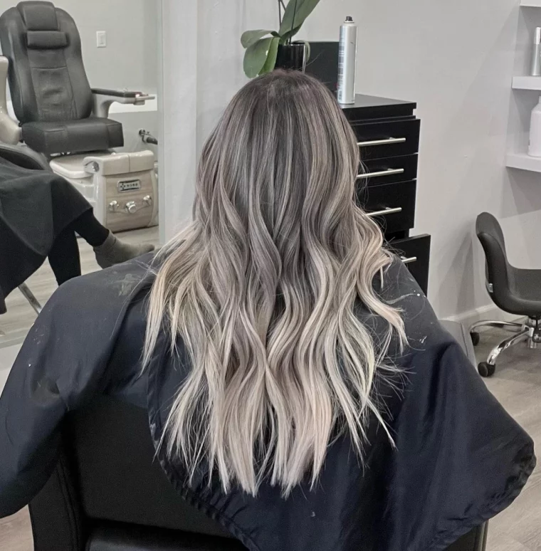cheveux longs couleur norie base pointes eclaircies blond cendre