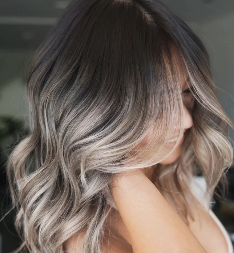 cheveux longs racines foncees pointes eclaircies gris blanc