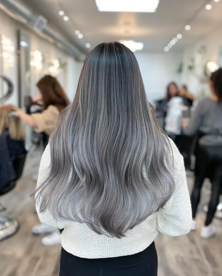 cheveux longs racines noires meches blond polaire gris cendre balayage