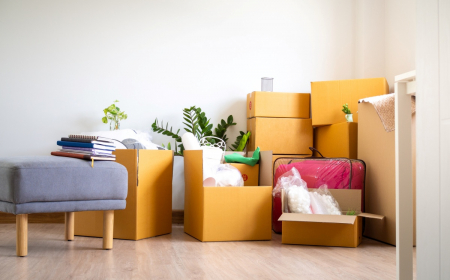 box for personal belongings and furniture. moving boxes in a new house
