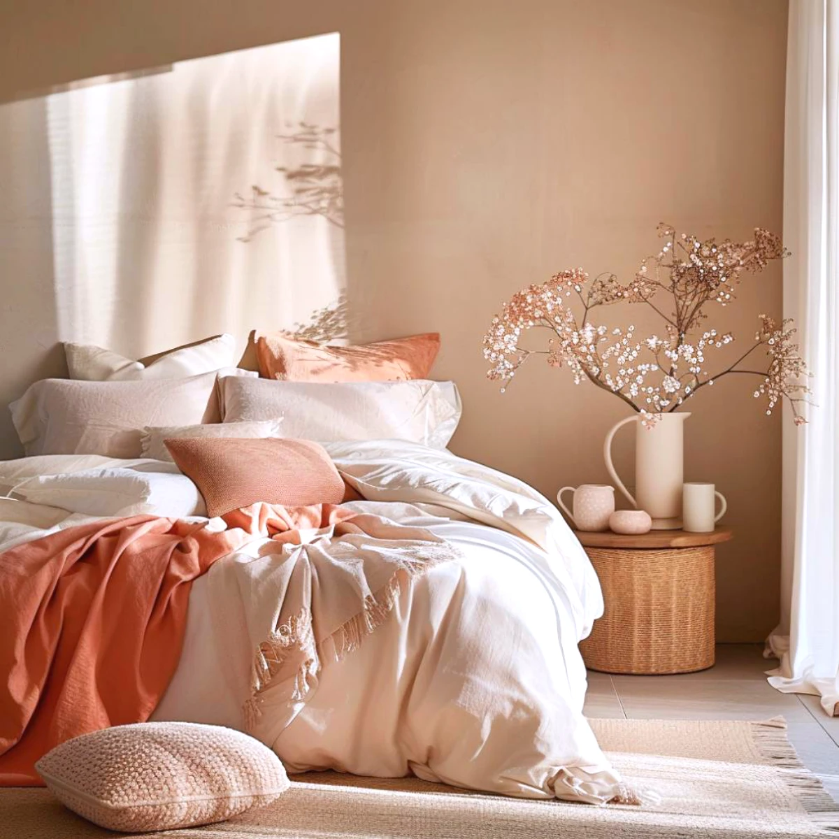 lit avec des couvertures en matiere naturelle couleurs claires