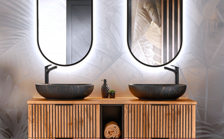 double meuble vasque en bois details noirs