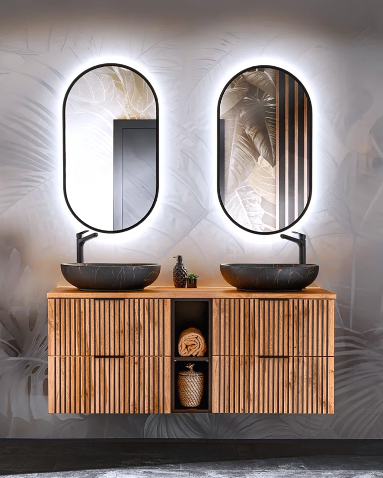 double meuble vasque en bois details noirs