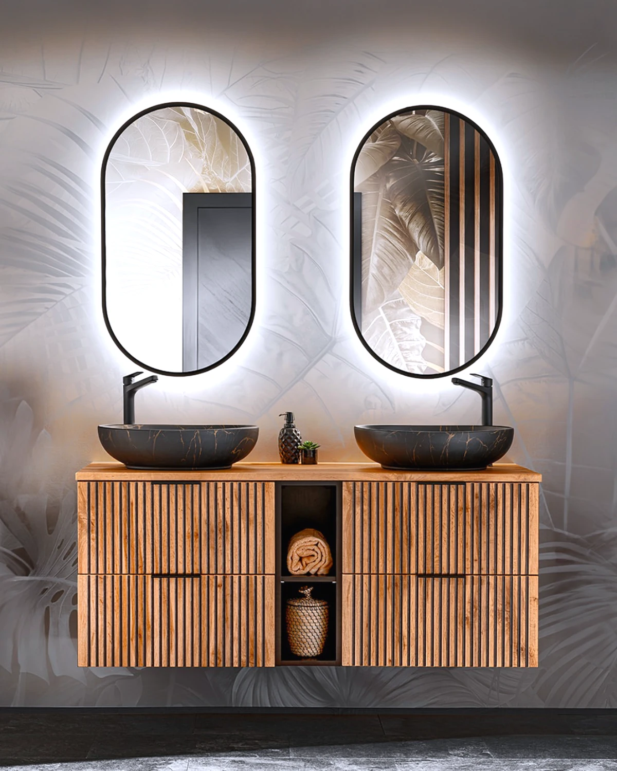 double meuble vasque en bois details noirs