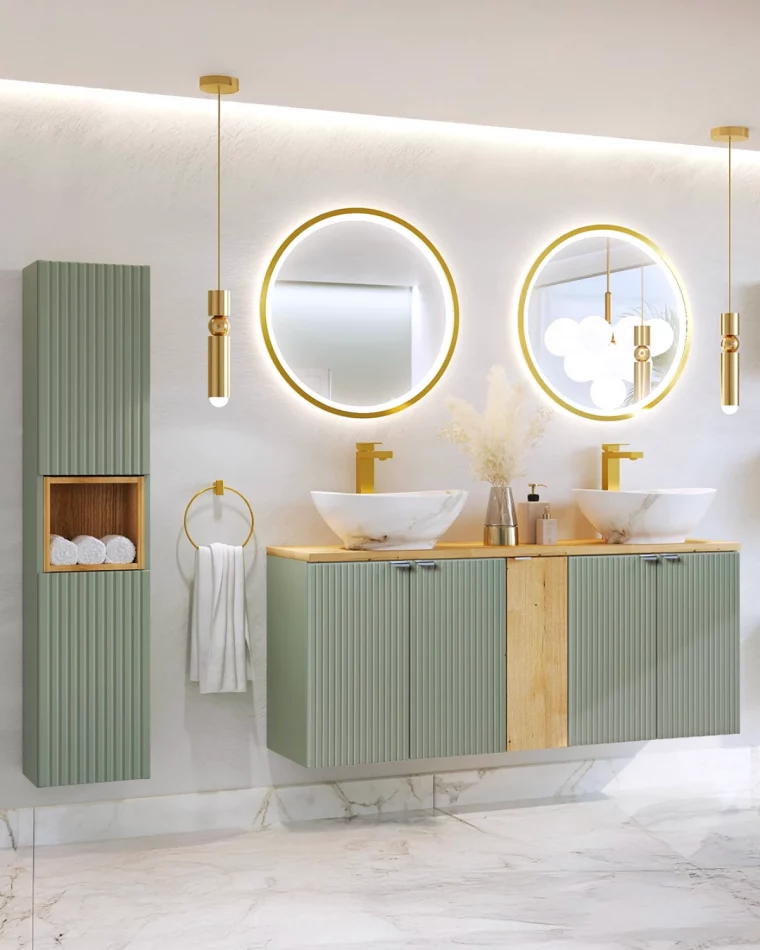 idees de deco salle de bain verte avec double vasque miroir rond