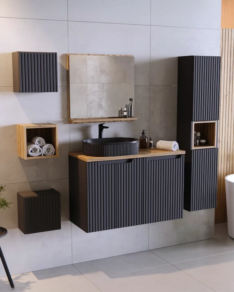 meuble vasque salle de bain noir bois miroir