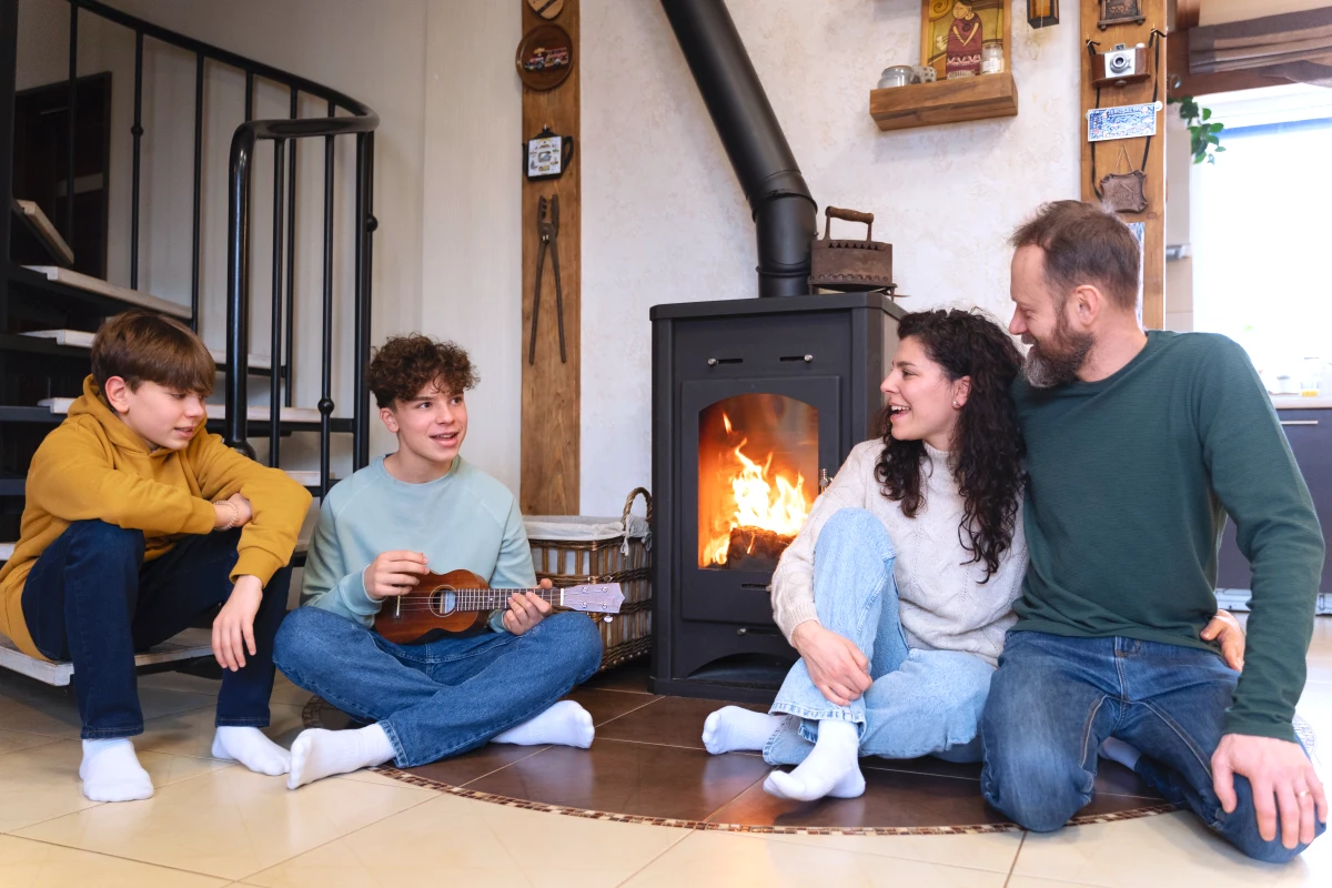 poele a bois famille devant le feu