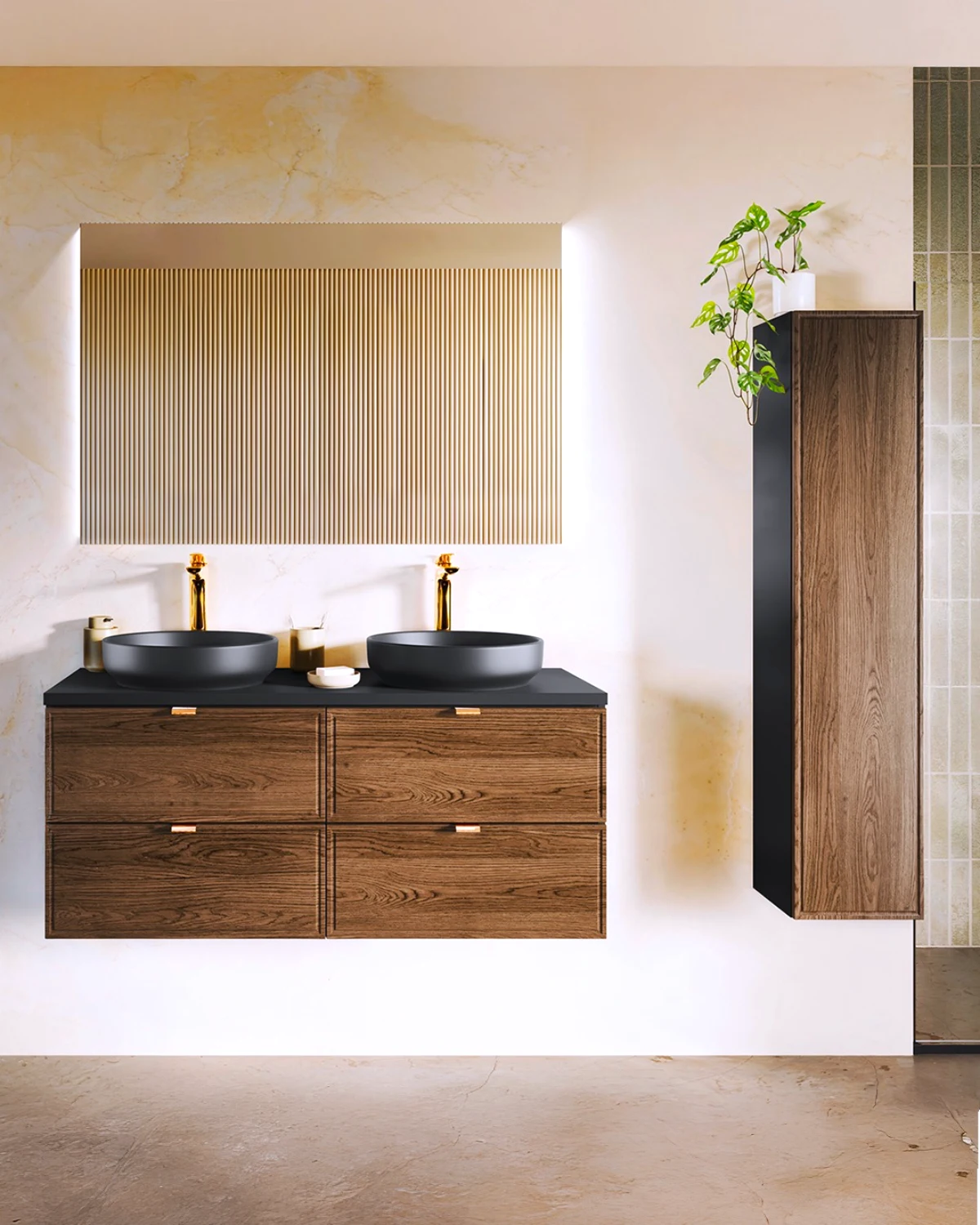 salle de bain moderne avec du bois grand miroir