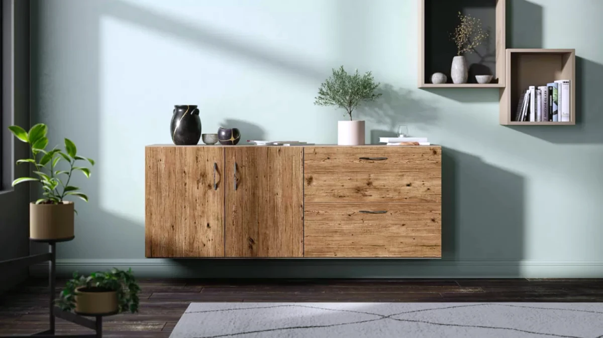 etagere suspendu en bois sur mesure contre un mur