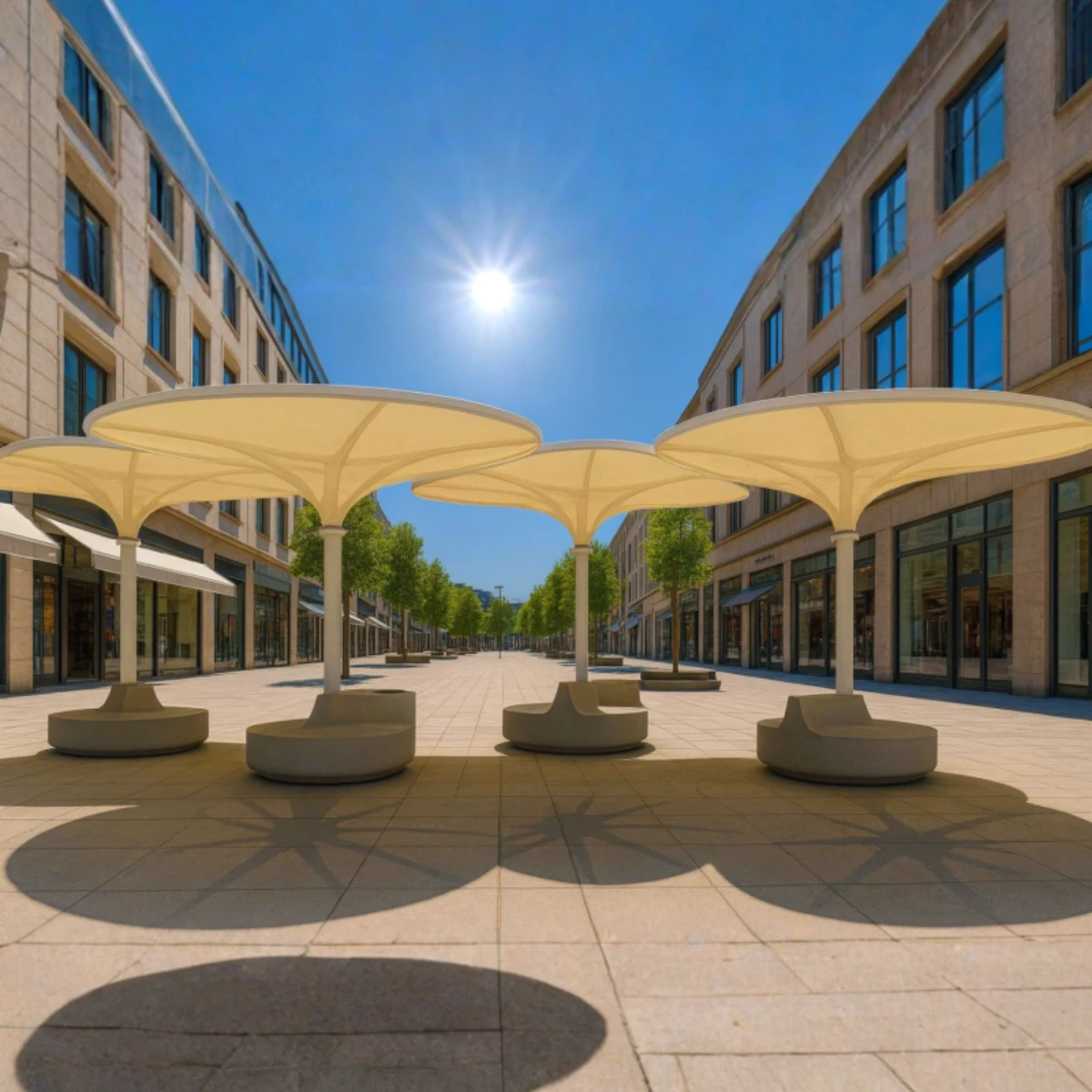 ilot de fraicheur pour les grandes villes couleu jaune sur une rue centrale