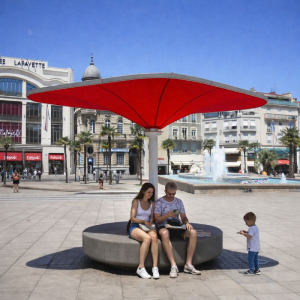 ilot de fraicheur urbain pour les grandes villes couleur rouge deux personne assis a l ombre