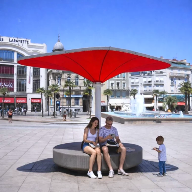 ilot de fraicheur urbain pour les grandes villes couleur rouge deux personne assis a l ombre