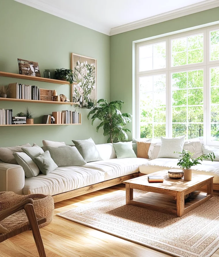 renouvellement peinture salon mur vert canape blanc