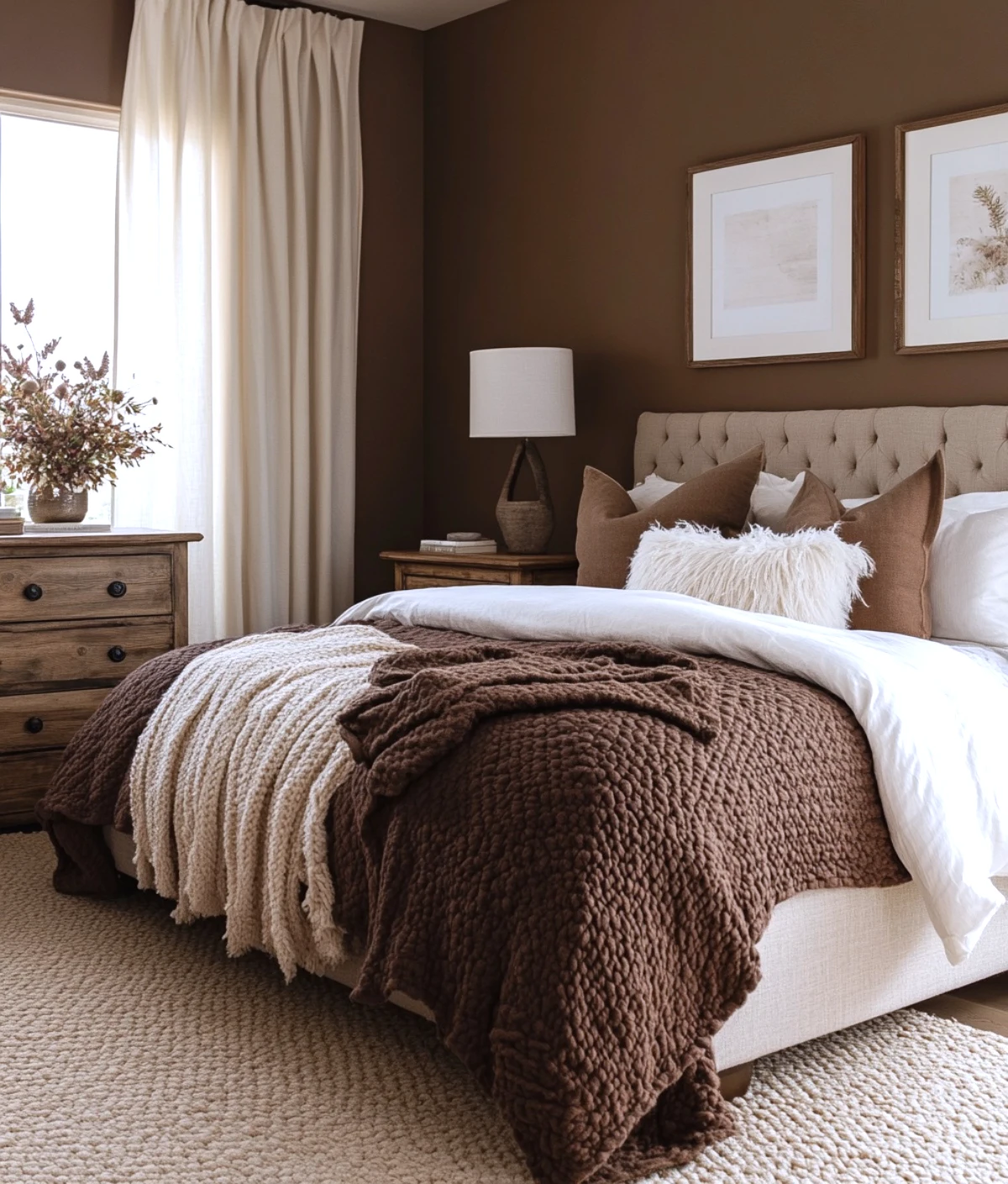 renovation chambre a coucher mur marron coussins beige idees de deco